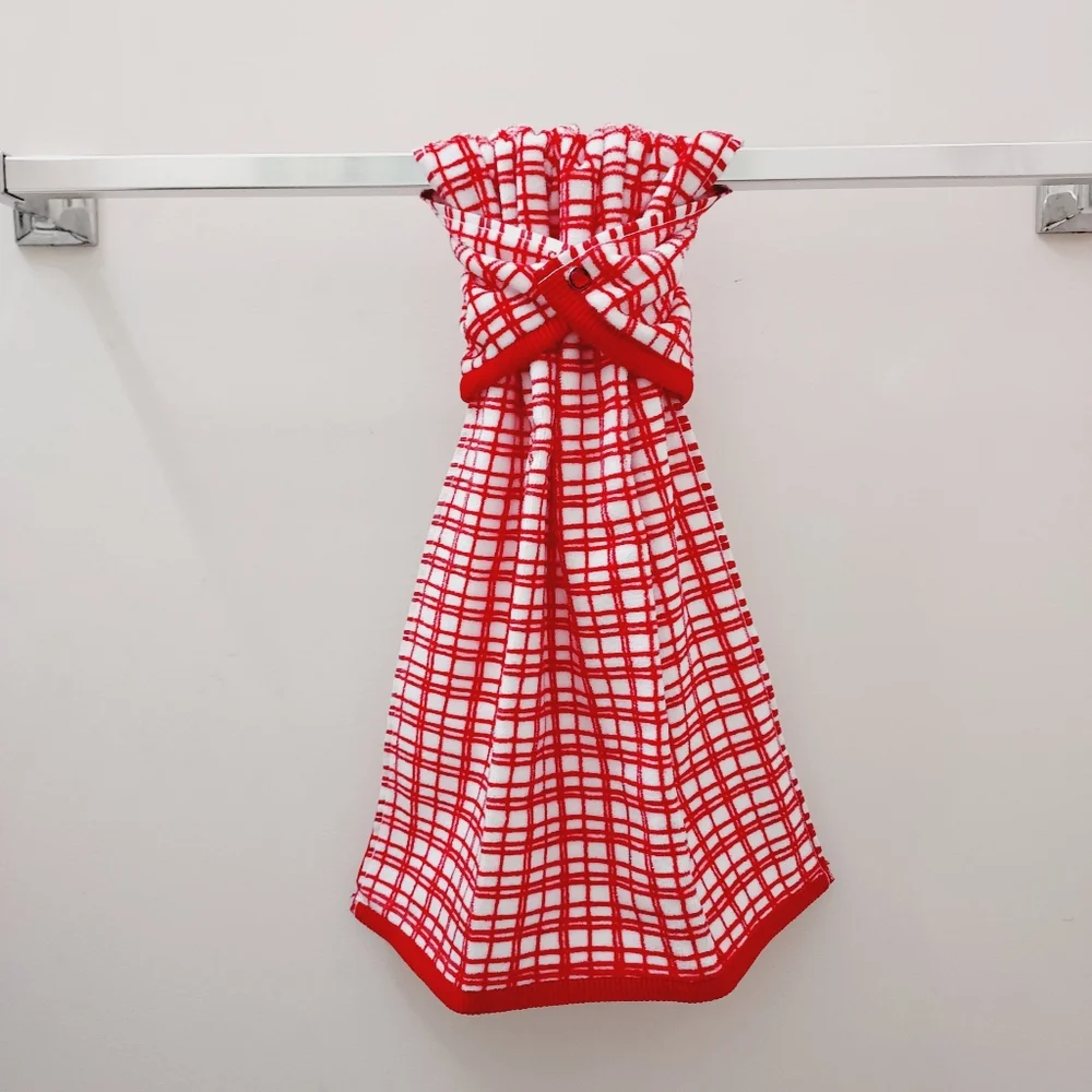 NEW! #9097-C❗️ LAST 1 ❗️■Red checkered Hang'N'Snap Hand Towel 🤍RED JEWEL SNAP